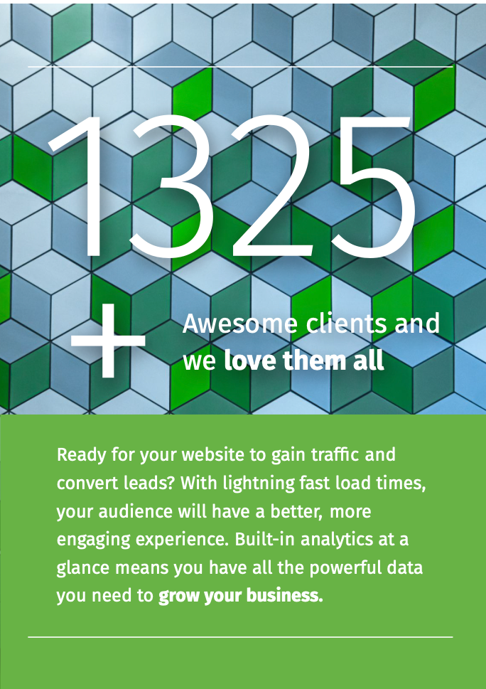 An advertisement for 1325 awesome clients and we love them all