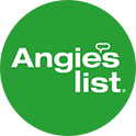 The logo for angie 's list is a green circle with white text.