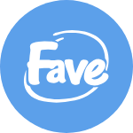 A blue circle with the word fave in white letters.