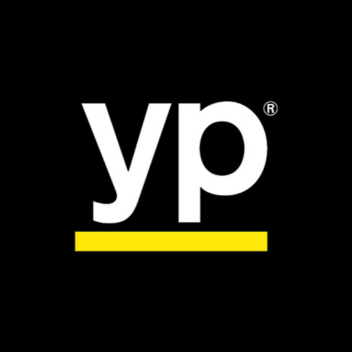 A white letter yp with a yellow stripe on a black background.