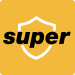 The word super is on a yellow background with a white shield.
