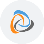 A blue , orange and gray logo in a circle on a white background.