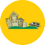 A yellow circle with a clock tower and a van in it.