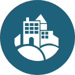 A white icon of a house in a blue circle.