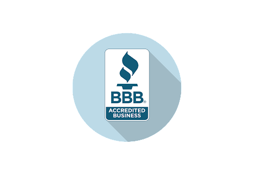 A bbb accredited business logo with a long shadow on a white background.