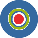 A blue circle with a red center and green circles around it.