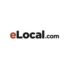 The logo for elocal.com is a black and red logo on a white background.