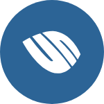 A white logo in a blue circle on a white background.