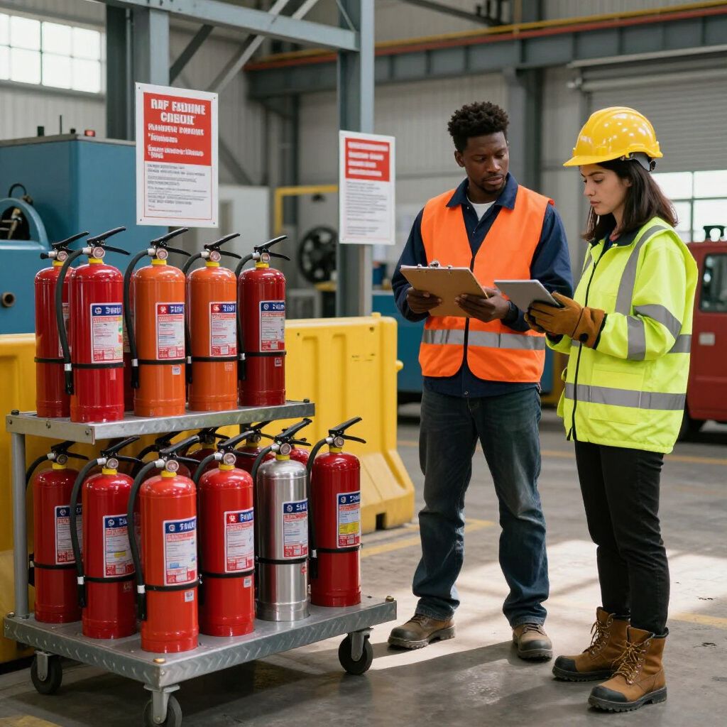 Twee werknemers in veiligheidsvesten en met een veiligheidshelm op bekijken een checklist bij een verrijdbaar rek met rode brandblussers in een fabriek.