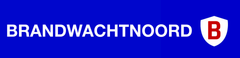 Het logo van Brandwatch Noord op een blauwe achtergrond met witte tekst en een rood schildpictogram met een witte B.