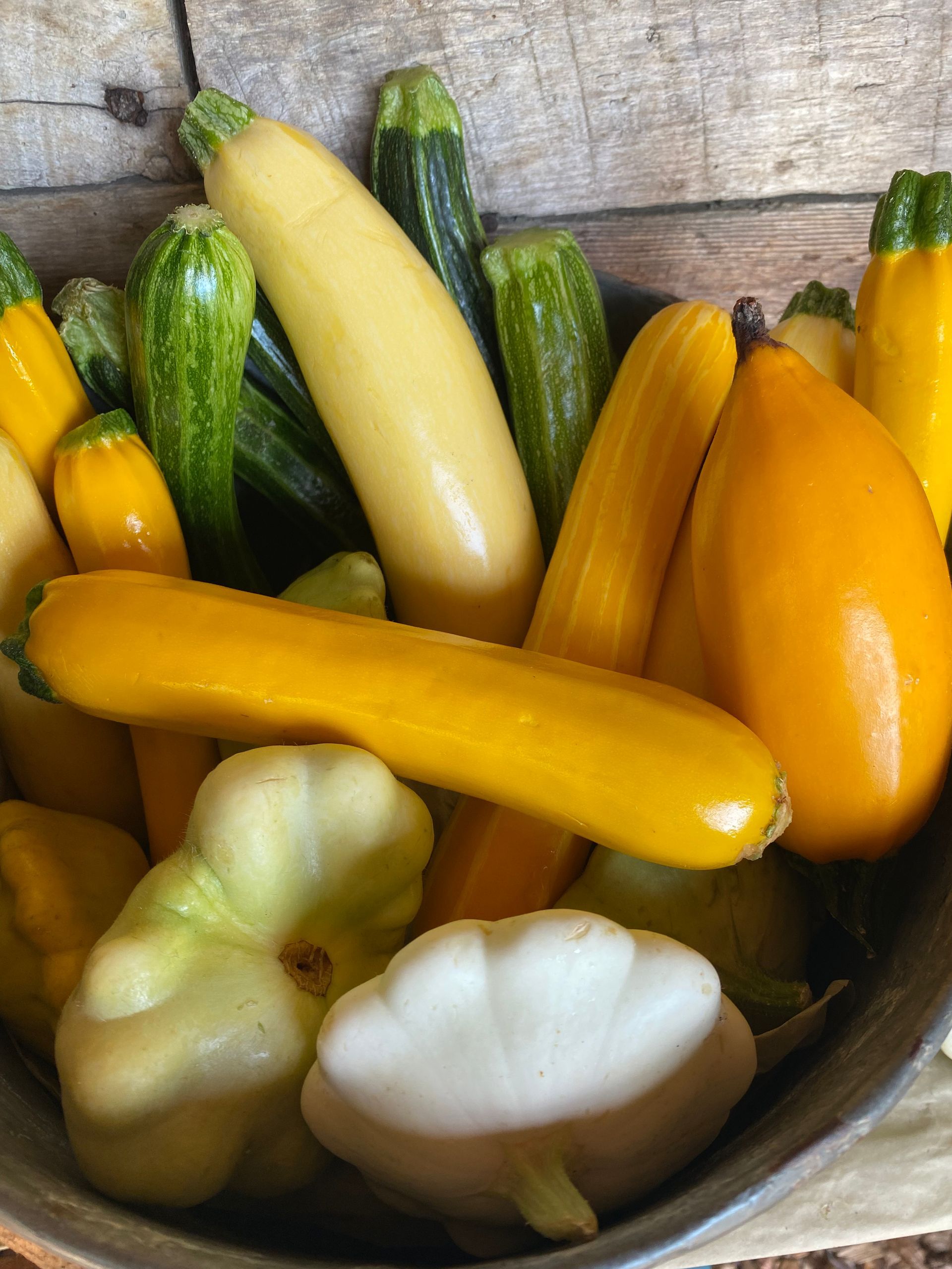 Squash of varying colors in a basket