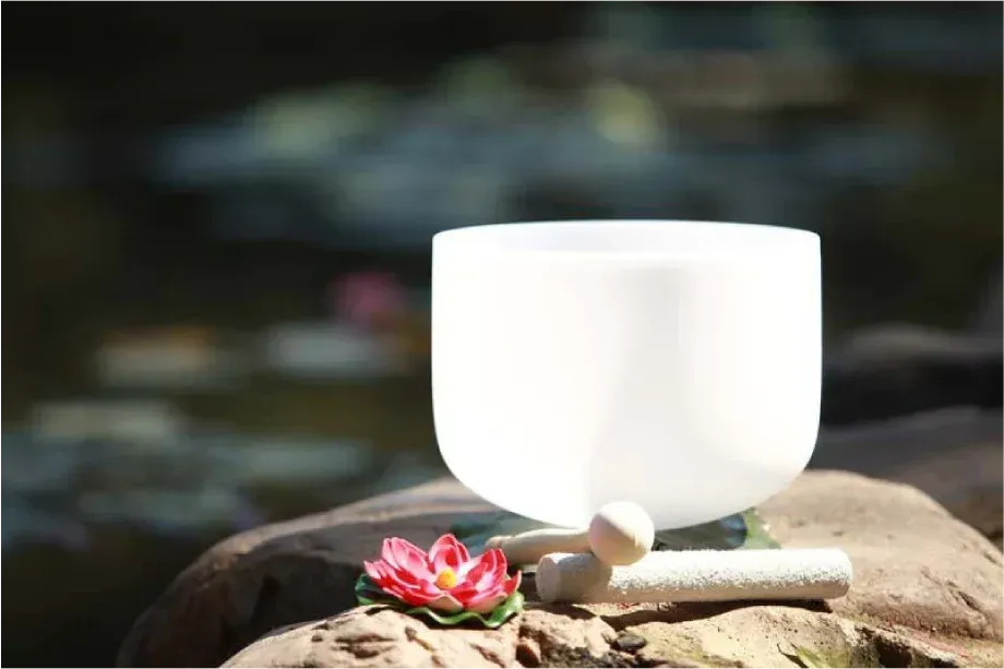 White crystal bowl with mallet and pink flower on a rock by a pond.