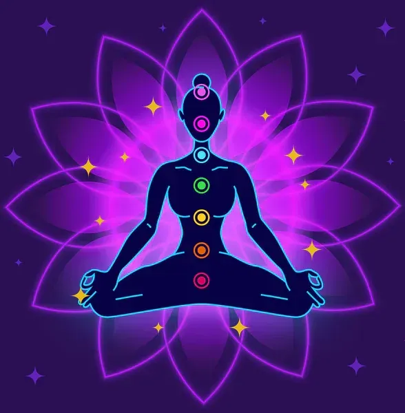 Silhouette of person meditating with chakra symbols, lotus flower, and stars in purple.