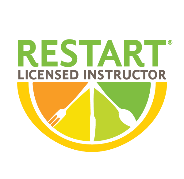 A logo for restart licensed instructor with a fork and spoon