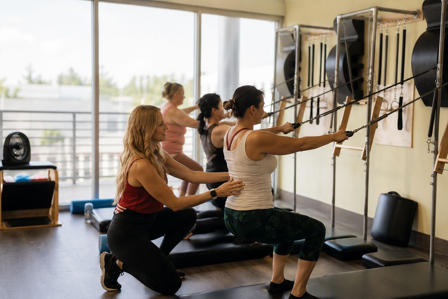 Pilates studio with reformer machines and people exercising near large windows