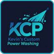 Logo for Kevin's Custom Power Washing: "KCP" initials with a pressure washer spraying water, dark blue background.