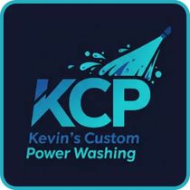 Logo for Kevin's Custom Power Washing: "KCP" initials with a pressure washer spraying water, dark blue background.