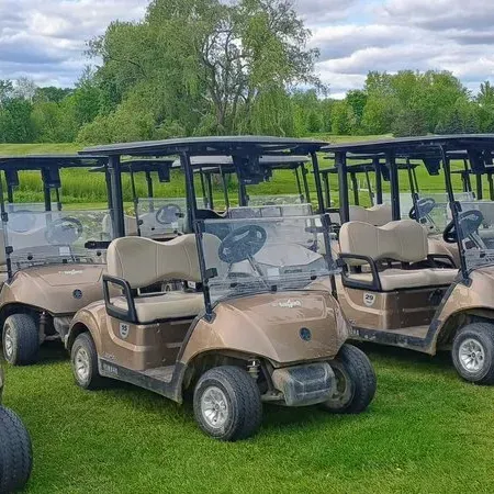 Golf carts parked on a grassy course, ready for use.