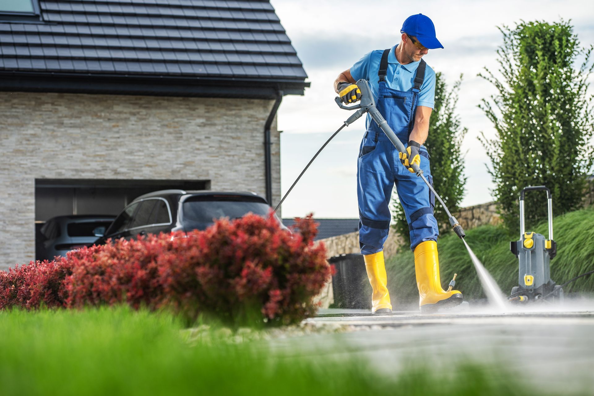 Man power washing a driveway in front of a house; car in garage, red bush and green grass.