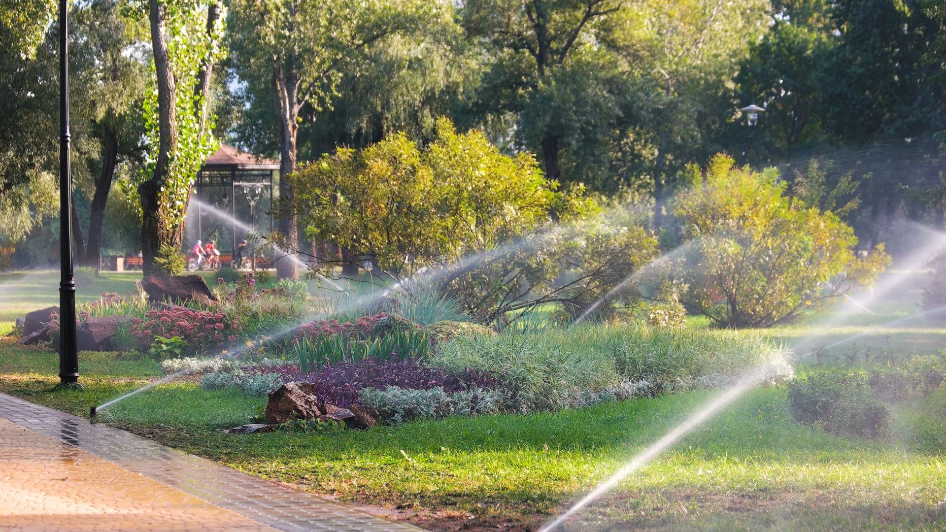 Sprinklers watering a vibrant flowerbed in a park on a sunny day.