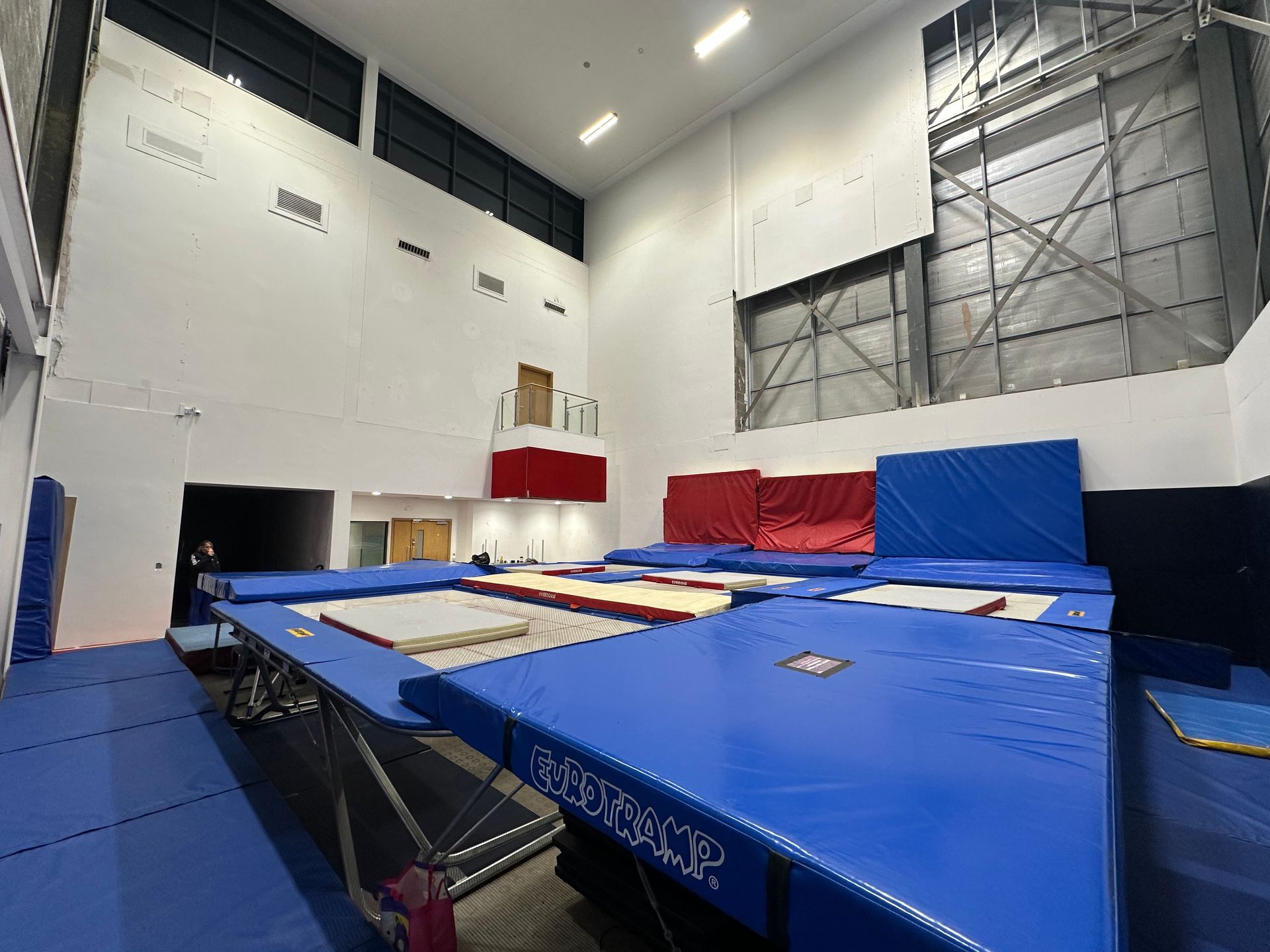 Girl on balance beam, assisted by an instructor. Gym setting; pink shirt, blue shorts, smiling.