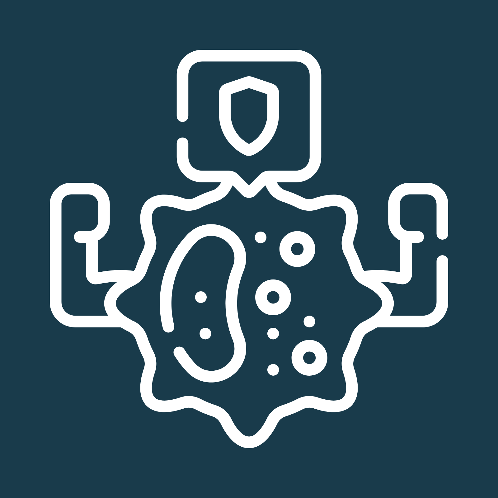 Een wit lijnpictogram van een virus met een schild op een blauwe achtergrond.