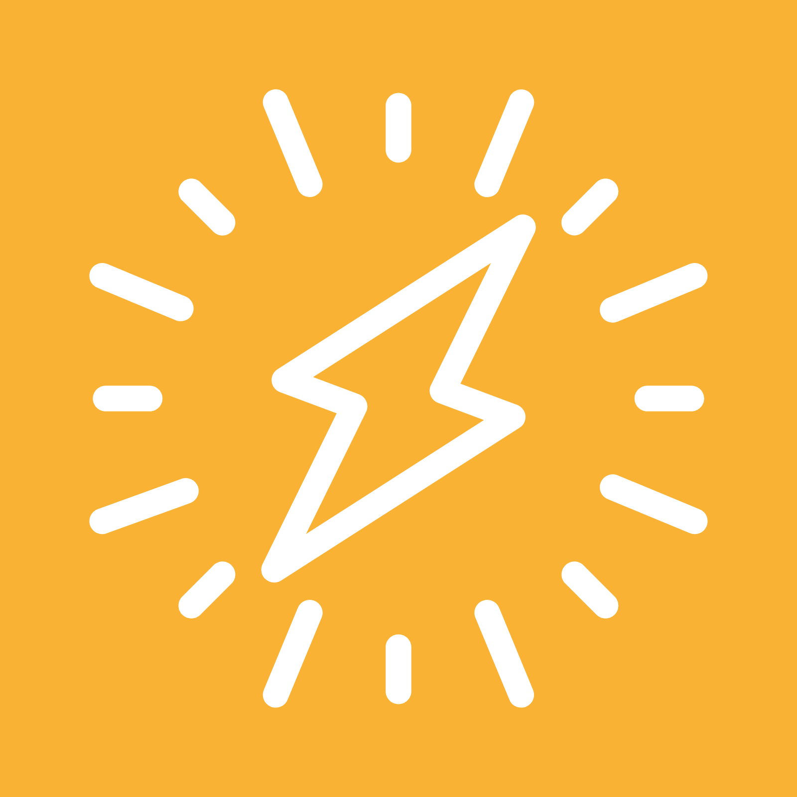 Een witte bliksemschicht omgeven door stralen op een gele achtergrond.