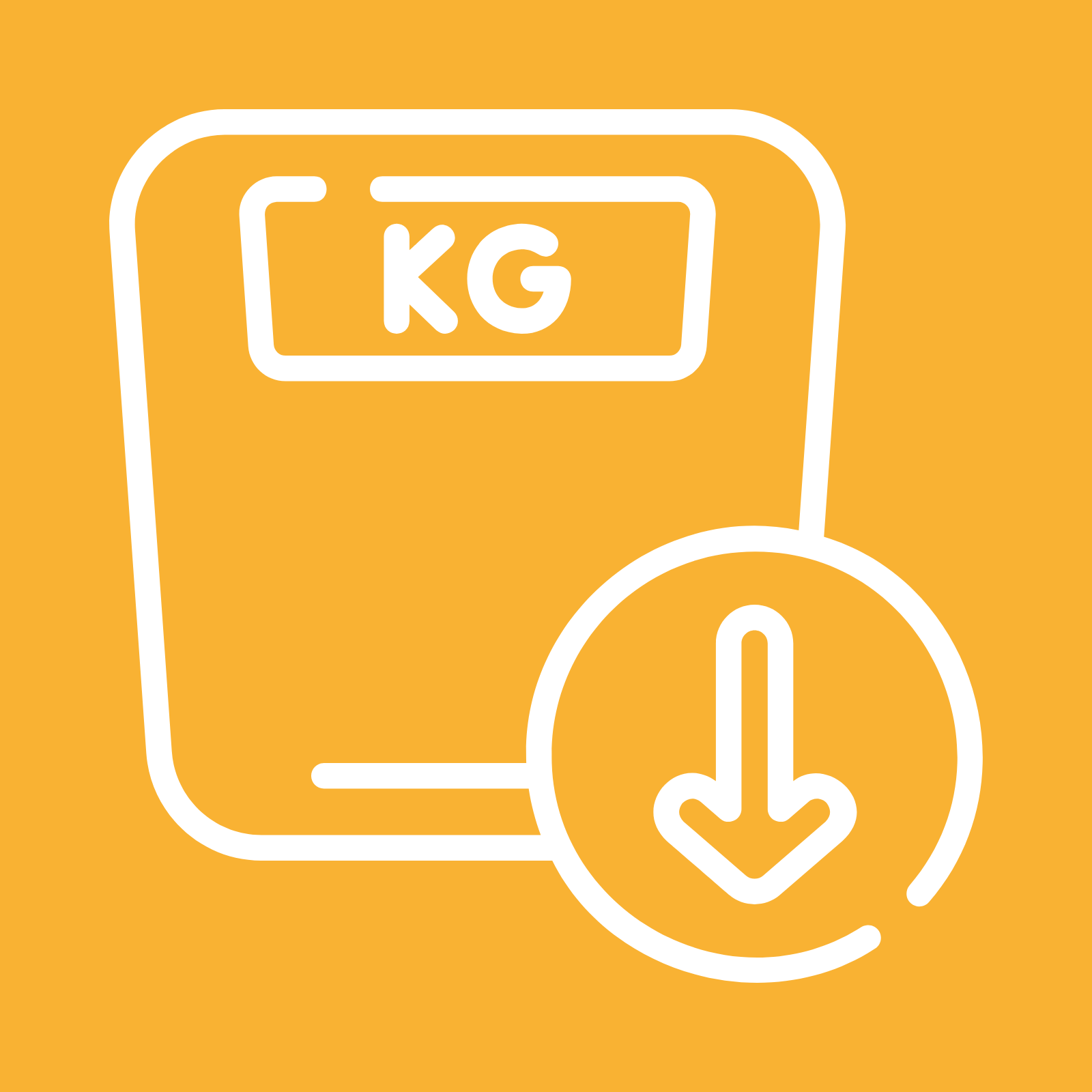 Een schaal met een pijltje naar beneden ernaast op een gele achtergrond.