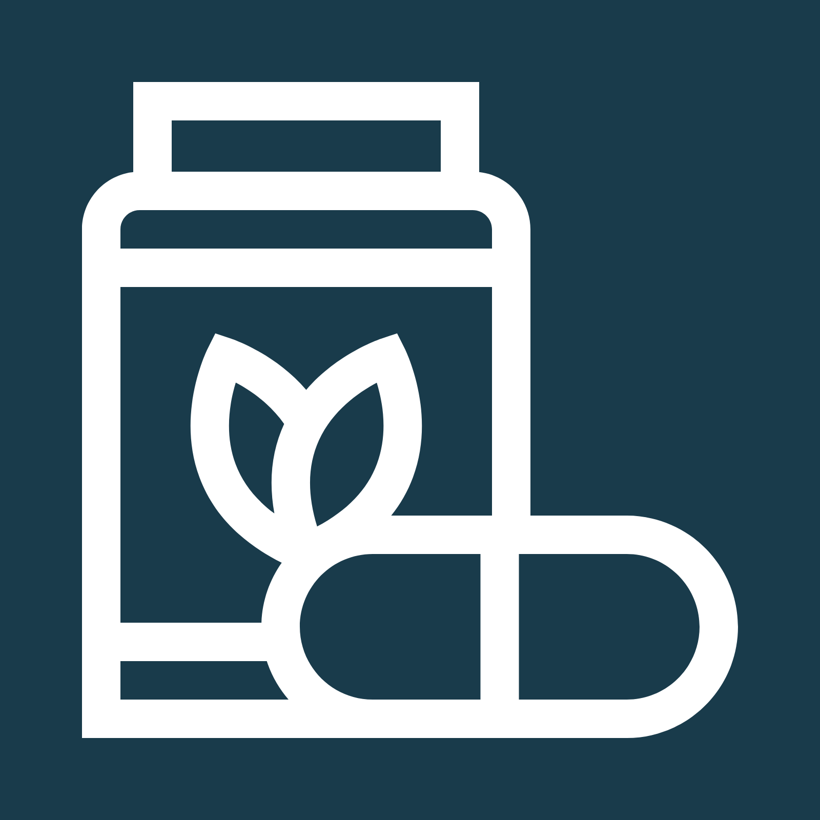 Een wit icoontje van een fles en een pil op een blauwe achtergrond.