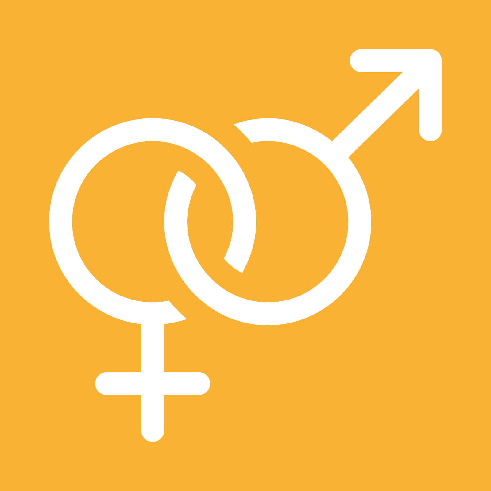 Een wit mannelijk en vrouwelijk symbool op een gele achtergrond.