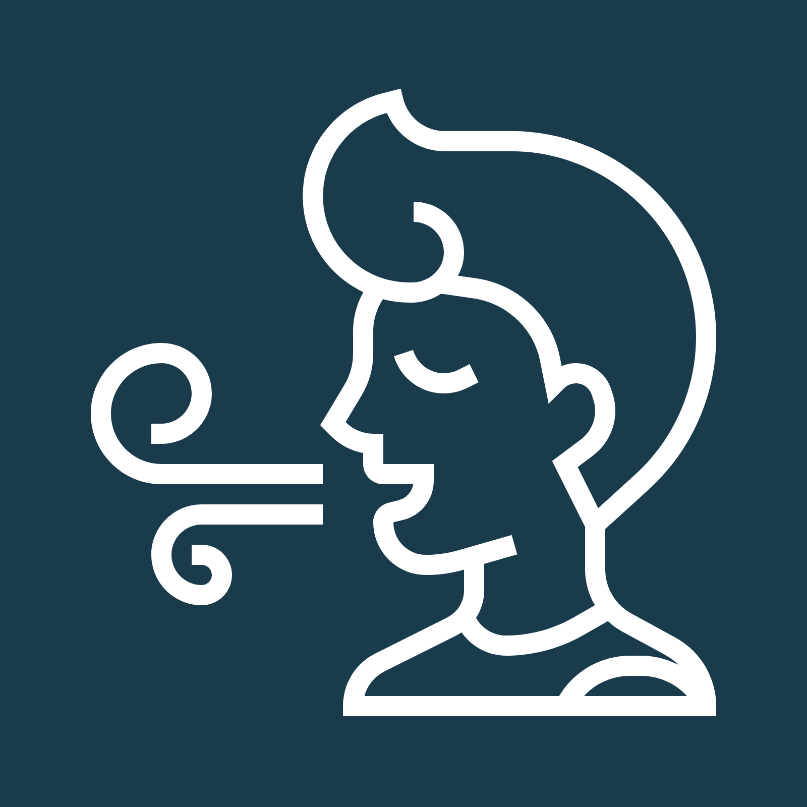 Een lijntekening van een man die lucht uit zijn mond blaast.