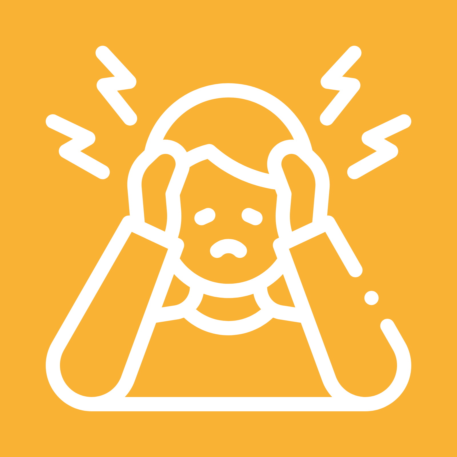 Een lijntekening van een persoon die zijn hoofd vasthoudt waar bliksemschichten uit komen.