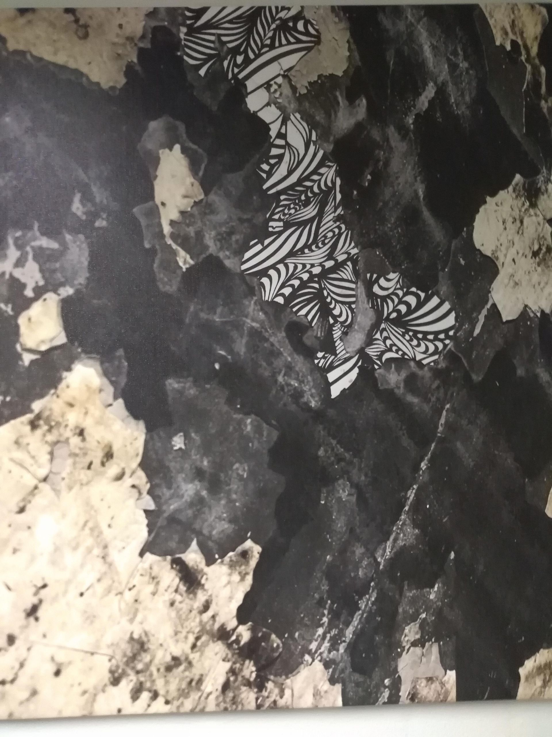 Abstract artwork with black and cream brushstrokes, with a patterned, white and black section at the top.