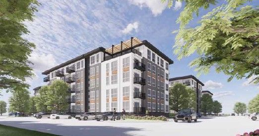 An artist 's impression of a large apartment building surrounded by trees.