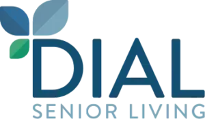 A blue and green logo for dial senior living