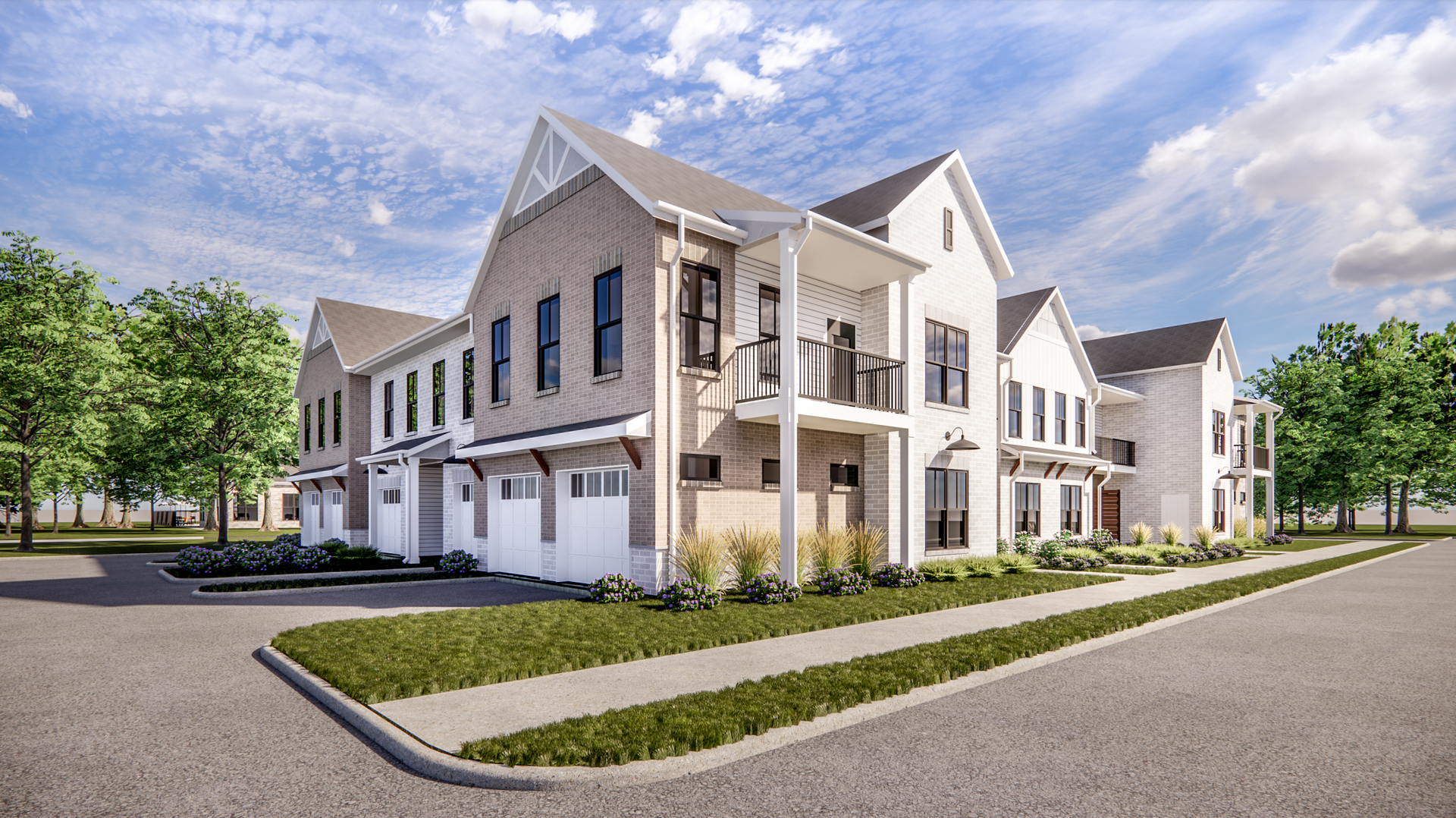 An artist 's impression of a row of houses sitting on the corner of a street.