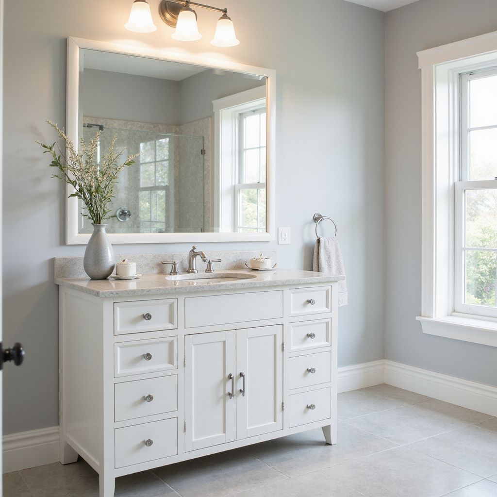 White bathroom vanity with marble countertop, large mirror, and window.