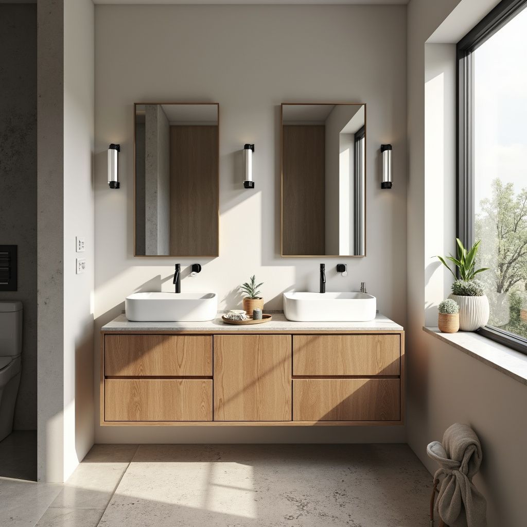 Modern bathroom with double vanity, mirrors, and a large window. Natural wood tones and white fixtures.