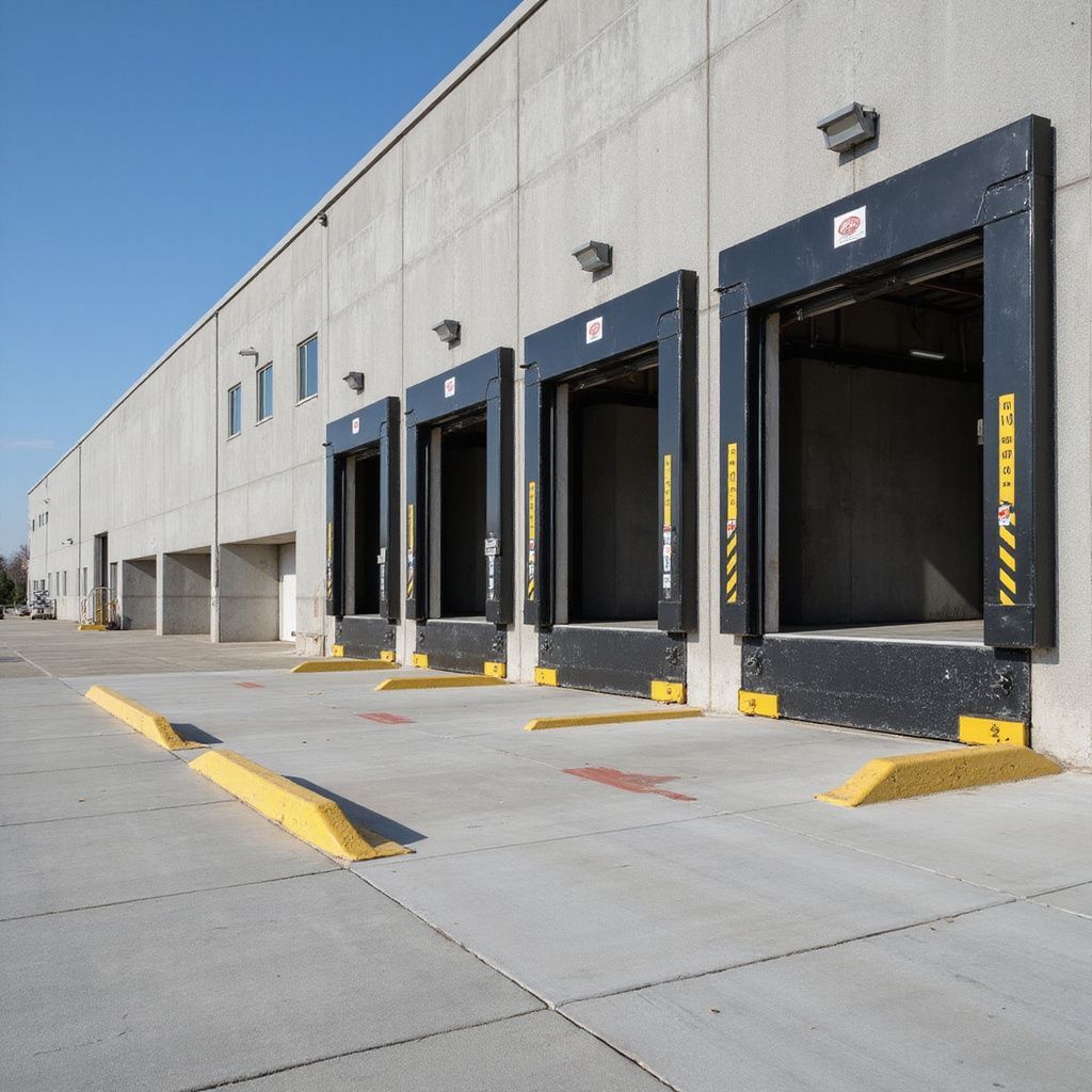 Loading docks on a concrete building with yellow bumpers and directional arrows on the ground under a blue sky.