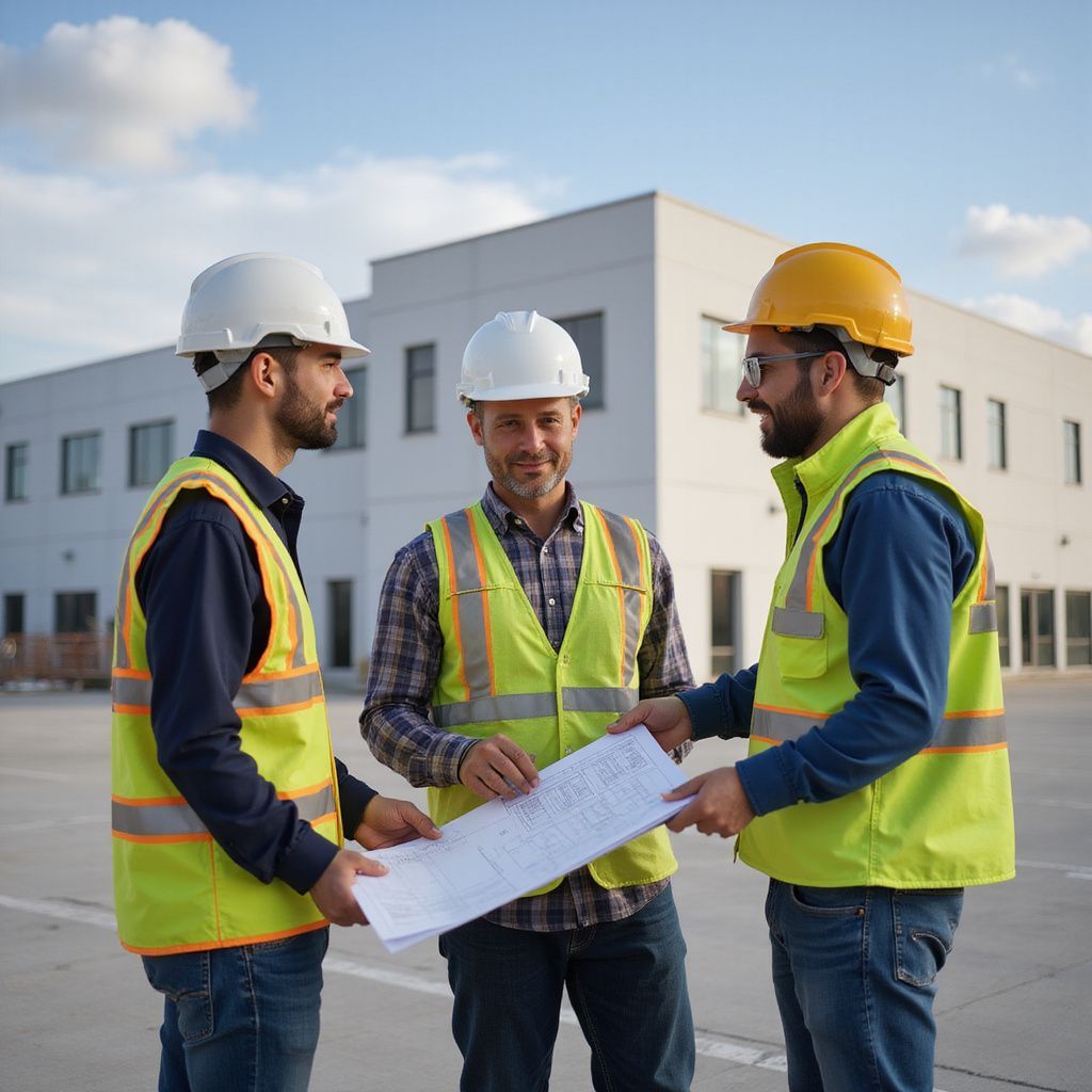Three construction workers in hard hats and safety vests review blueprints outdoors near a building.