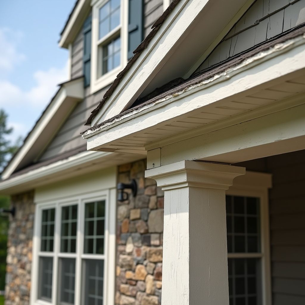 Exterior of a house, featuring stone and wood siding, white trim, and a porch with a square column.