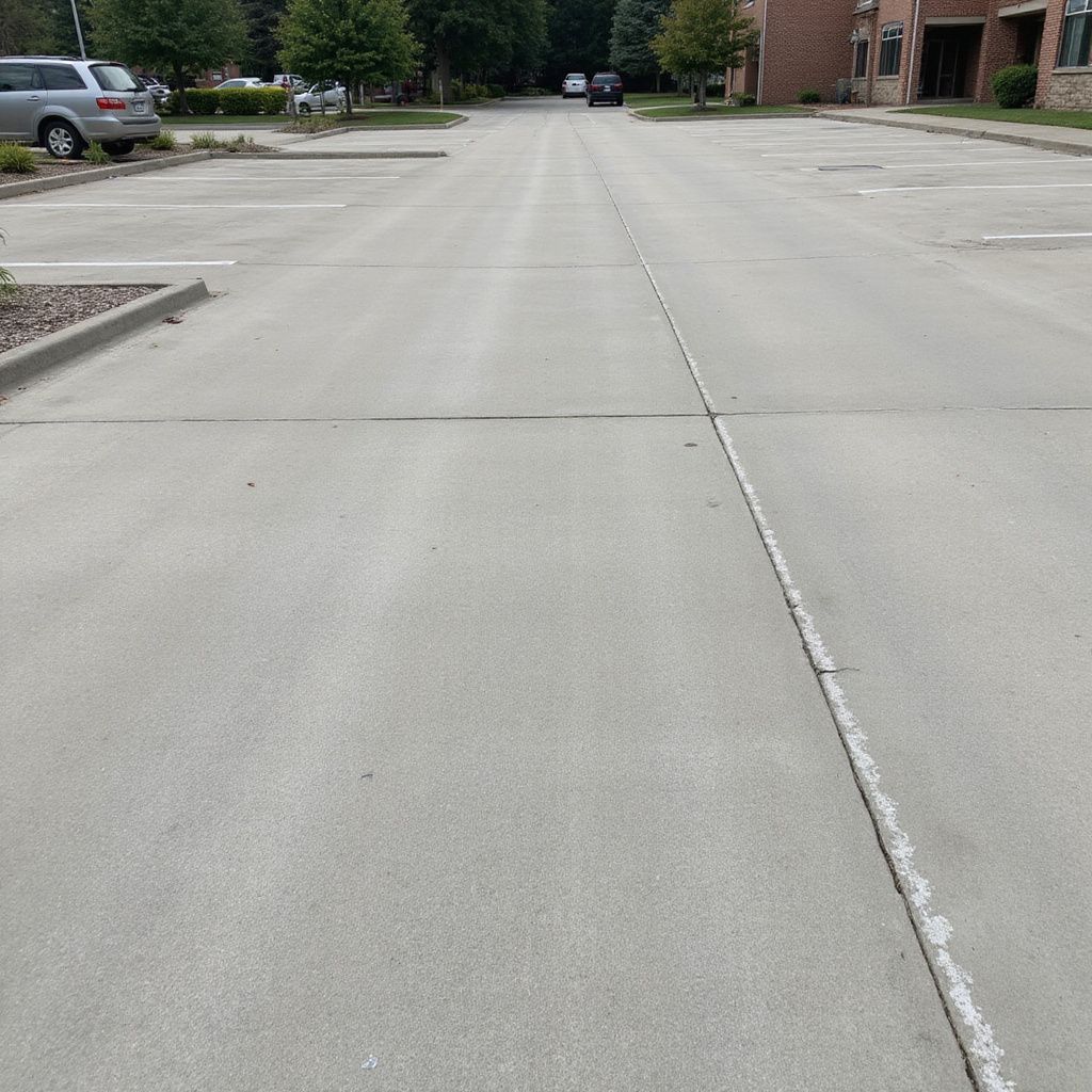 Empty parking lot, concrete surface, few cars and trees in the background, daytime.