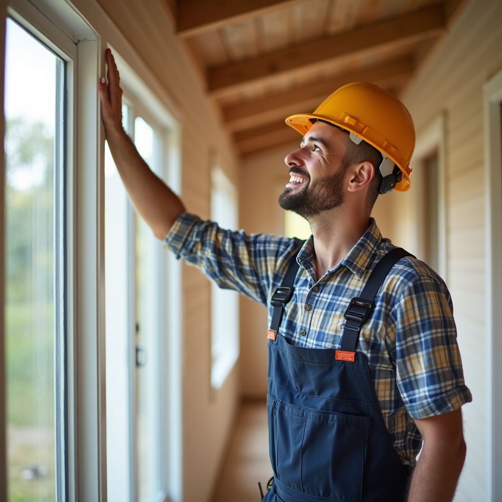 Construction worker in yellow hard hat smiles, inspecting a window.