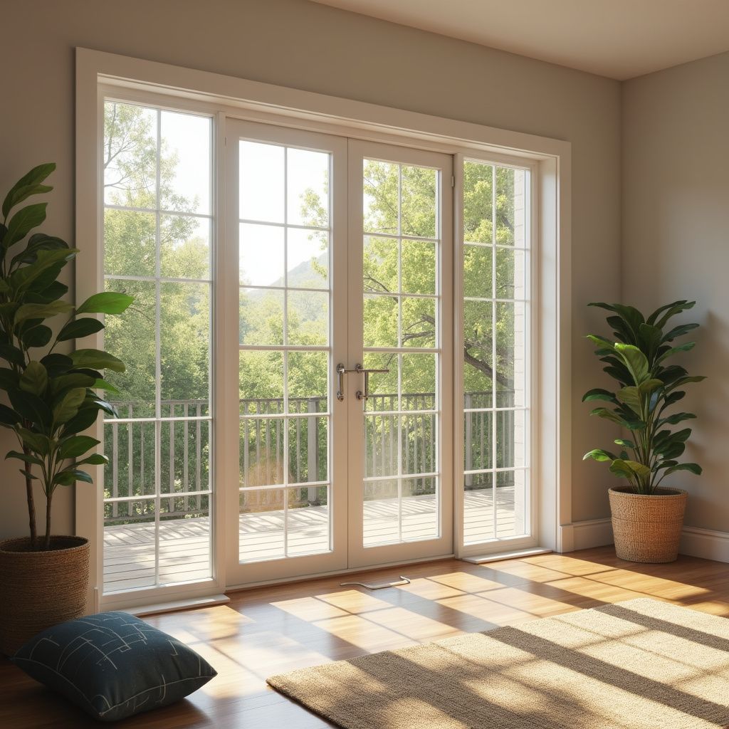 Interior view of a room with large French doors opening to a balcony with trees. Two potted plants flank the doors.