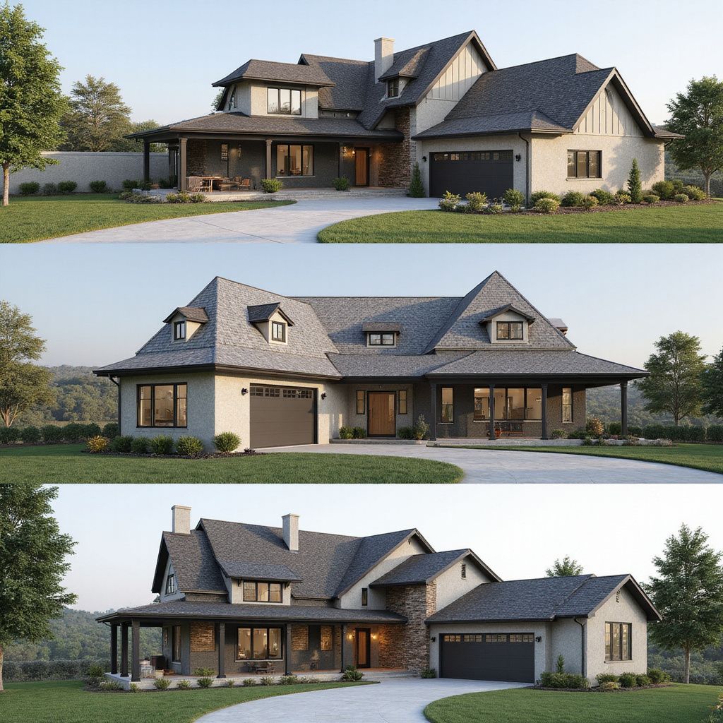 Three modern houses with gray roofs and stone exteriors in a residential setting.