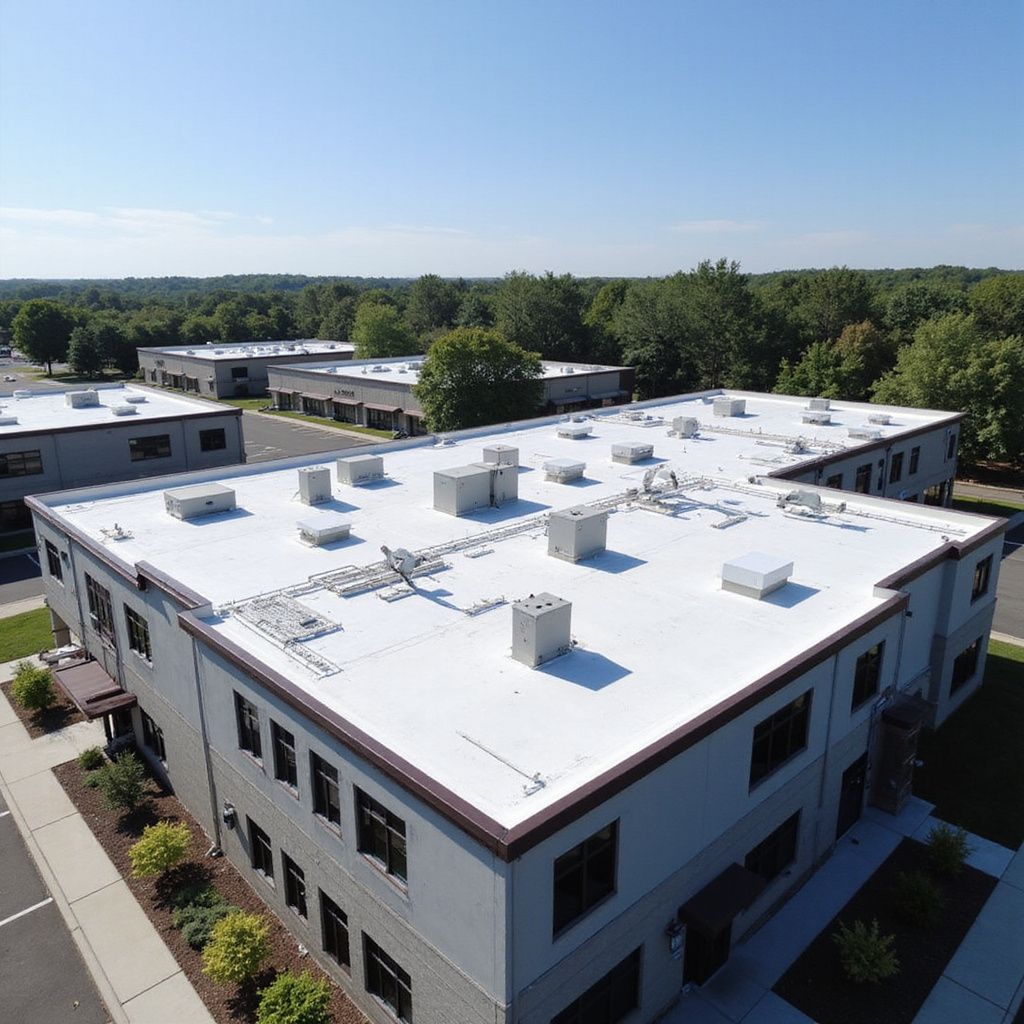 An aerial view of a multi-building commercial complex with flat white roofs, surrounded by trees and a clear blue sky.