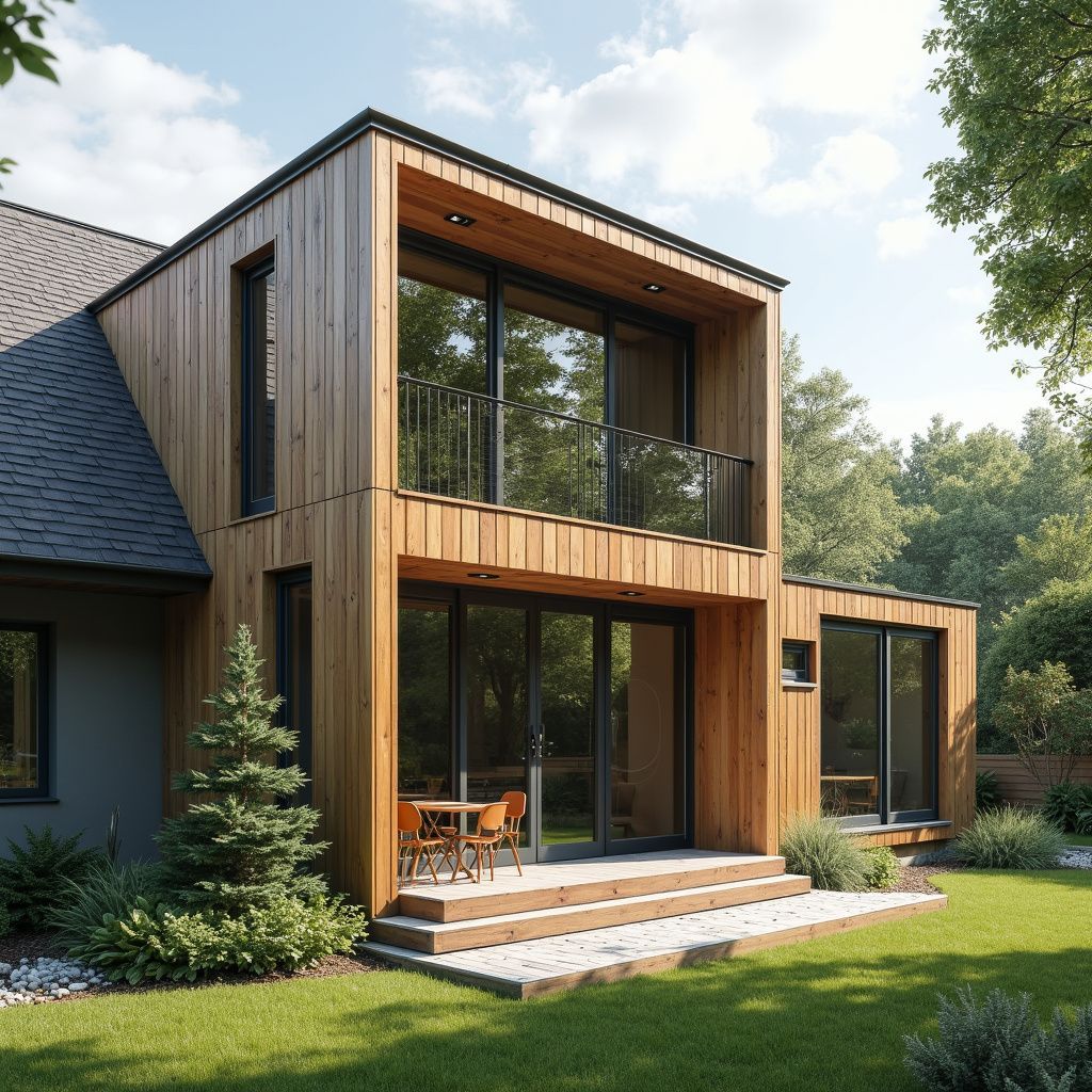 Modern two-story house with wood siding, large windows, and a small balcony, set in a green yard.