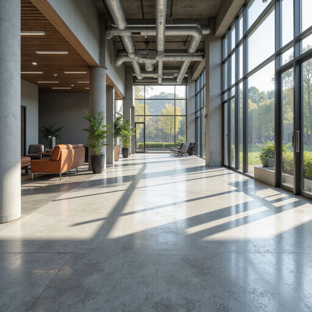 Spacious modern lobby with concrete floor, large windows, and trees visible outside.