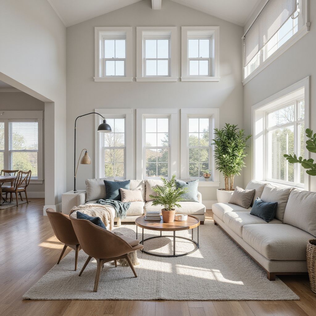 Living room with neutral sofas, wooden floors, and tall windows.