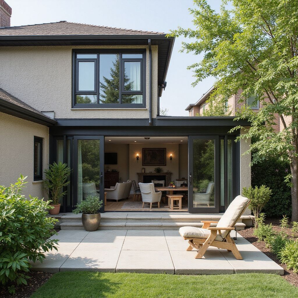 Backyard patio with open doors to a living area; chair, greenery, and a two-story home are visible.